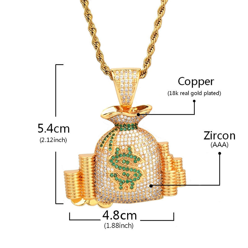 Money Bag Pendant Necklace Gold Color Cubic Zircon Men&