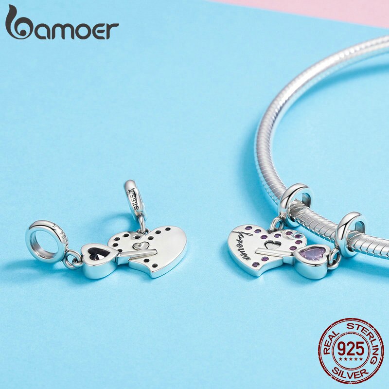 BAMOER Romantic 925 Sterling Silver Lock Key of Heart Pink CZ Charm Pendant fit Charm Bracelet Jewelry Girlfriend Gift SCC638