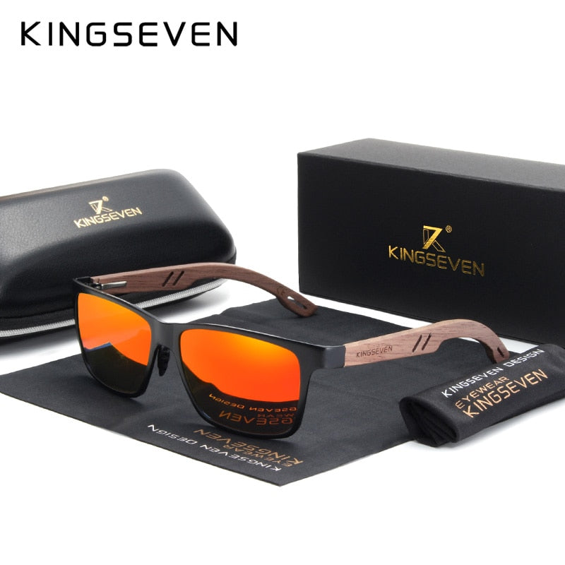 KINGSEVEN Designer Handmade Women Sunglasses Men Polarized Natural Bubinga Wooden+Aluminum Fashion Sun Glasses Square UV400