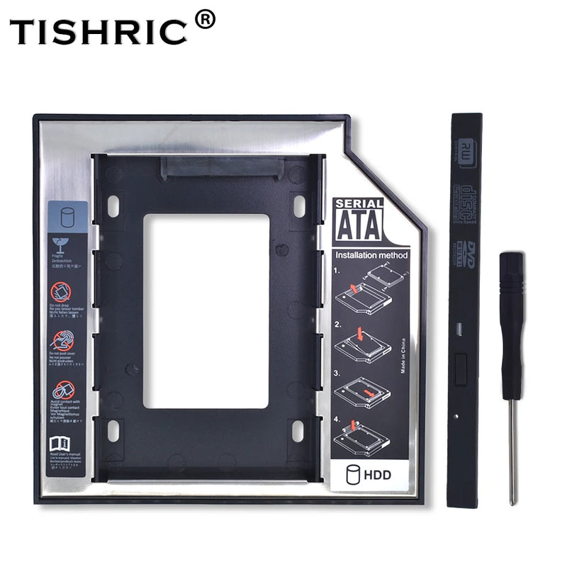 TISHRIC Plastic Aluminum Universal  9.5/12.7mm SATA 3.0 2nd HDD Caddy 2.5" SSD CD DVD to HDD Case Enclosure CD-ROM ODD Optibay