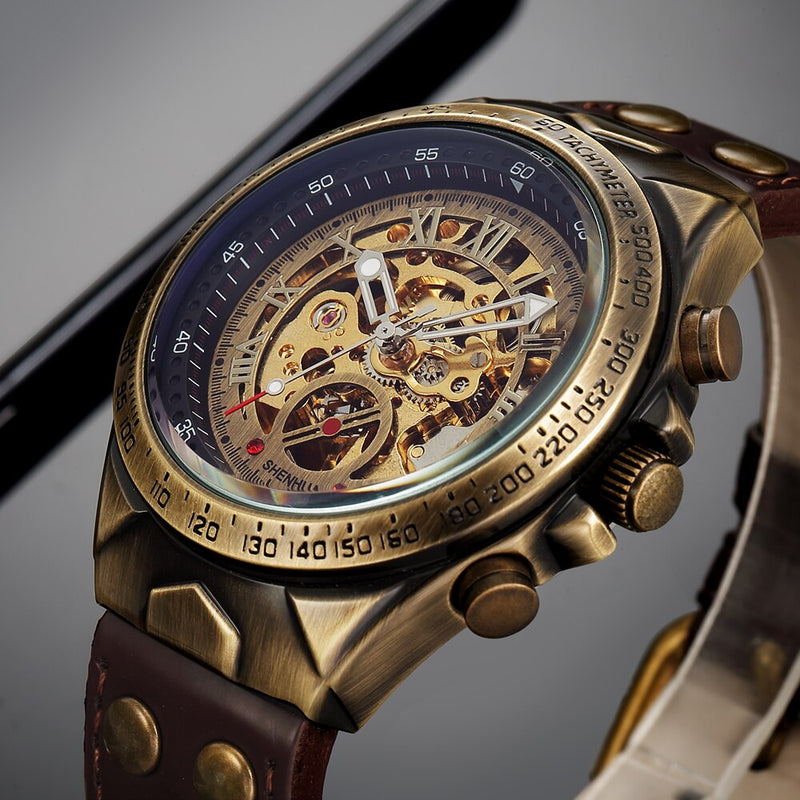 SHENHUA Motorcycle New Design Transparent Genuine Bronze Belt Waterproof Skeleton Men Automatic Watches Top Brand Luxury Clock