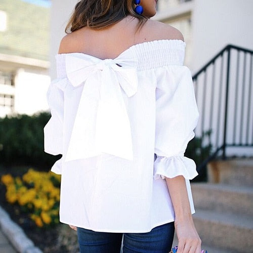 Sexy Off Shoulder Spring Summer Strapless Blouse Women Bowknot Tops Slash Neck Shirts Casual Loose blusas mujer de moda 2019