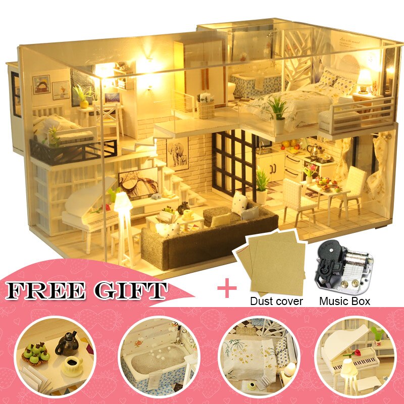 Cutebee DIY Doll House Miniature with Furniture LED Music Dust Cover Model Building Blocks Toys for Children Casa De Boneca M21