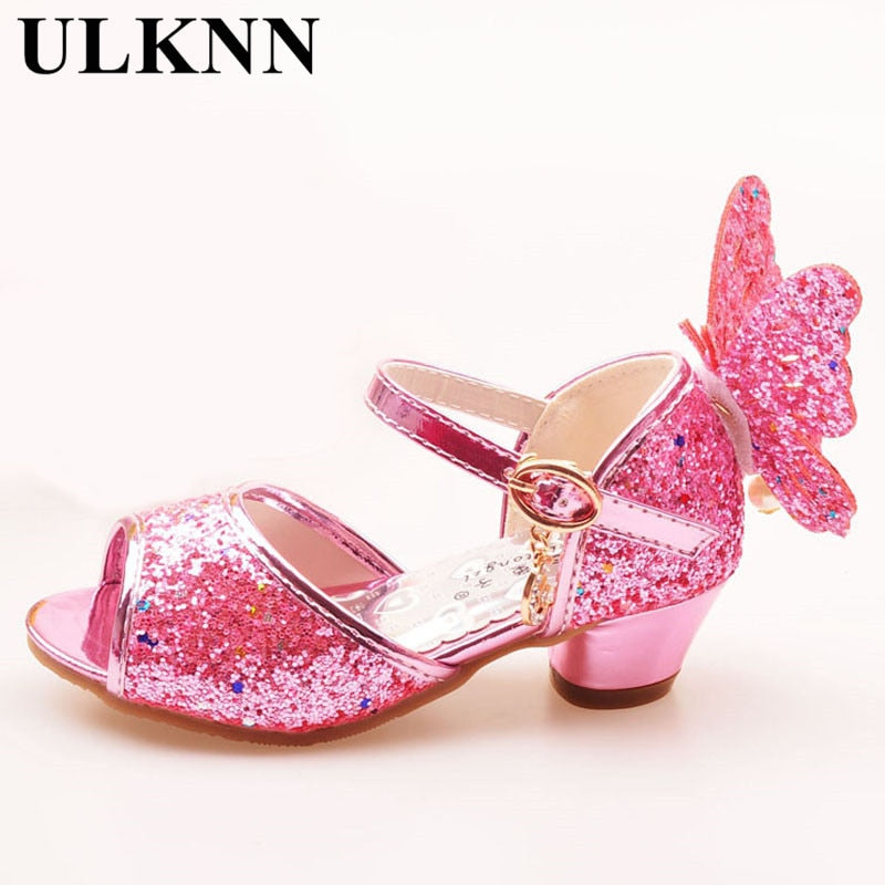 ULKNN Girls Sandals Rhinestone Butterfly pink Latin dance shoes 5-13 years old 6 children 7 summer high Heel Princess shoes kids