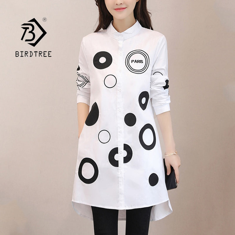 Women Letter Dot Embroidery Long White Blouse Full Sleeve Female Front Short Back Long Shirt Stand Collar 4XL Oversize Top T9642