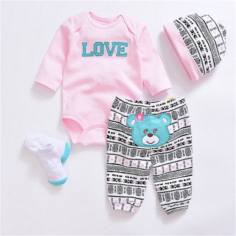 Spring Newborn Clothes Cotton Long Sleeve Rompers+Pant+Hat 3/4PCS/Set Pink Girls Boys Infant Animals 0-12M Baby Jumpsuit+Sock