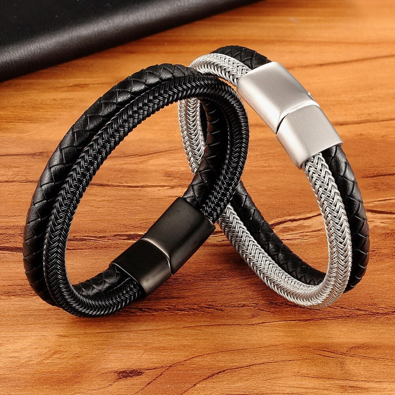 TYO Stainless Steel Wire Cable Magnetic Clasp Double Layered Bracelet Braided Genuine Leather Chain Bracelet Mens Women Jewelry