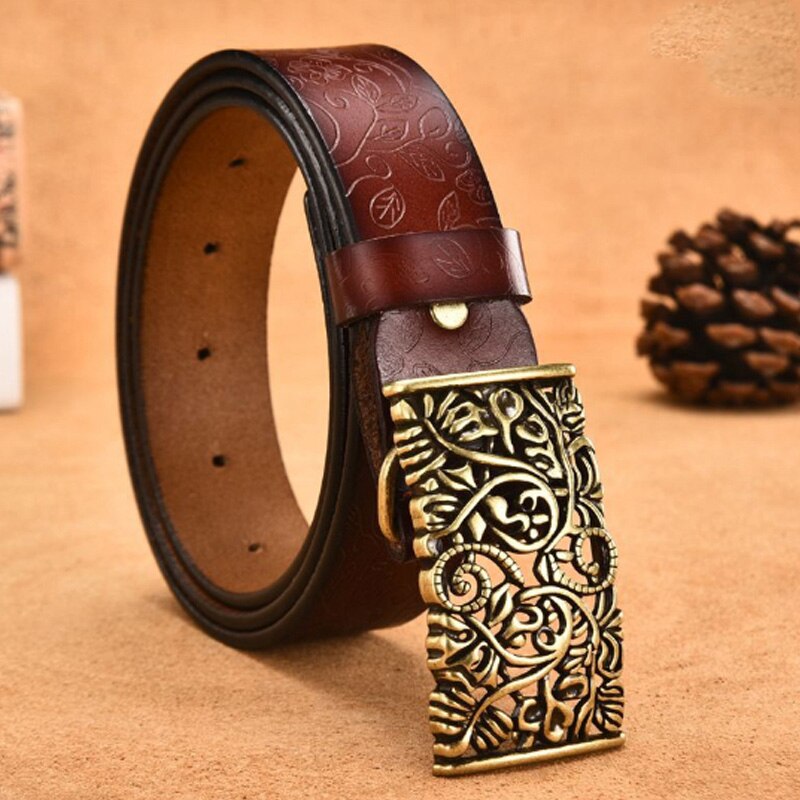 COOLERFIRE Genuine Cowskin Leather Belts For Women Carved Design Retro Metal Women Strap Female High Quality Belts LB015