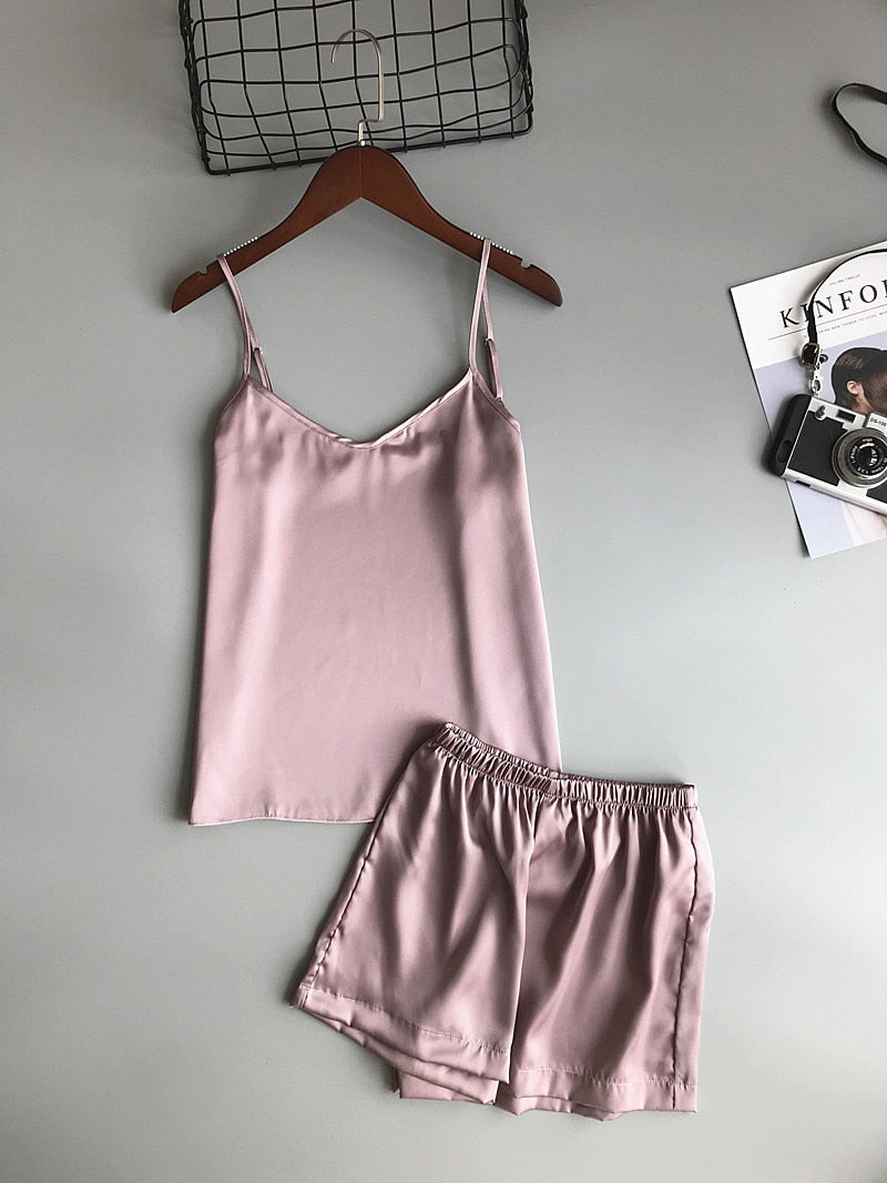 Ice Silk Twinset Korean Solid Color Women Pajamas Camisole Pajama Set Woman Summer Vest Shorts Suit