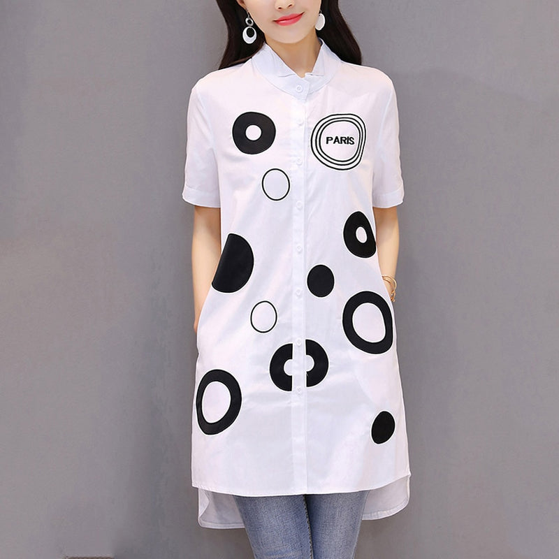 Women Letter Dot Embroidery Long White Blouse Full Sleeve Female Front Short Back Long Shirt Stand Collar 4XL Oversize Top T9642