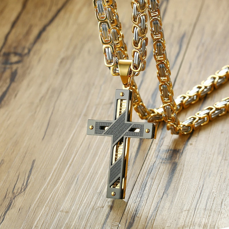 Vnox Cross Necklace For Men Byzantine Gold Color Stainless Steel Chain Catholic Crucifix Pendant Male Punk Rock Ornaments