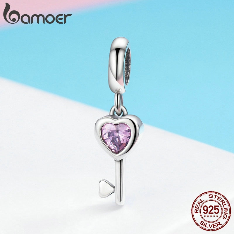 BAMOER Romantic 925 Sterling Silver Lock Key of Heart Pink CZ Charm Pendant fit Charm Bracelet Jewelry Girlfriend Gift SCC638