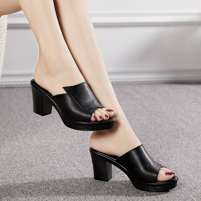 GKTINOO Women Slipper's 2023 Ladies Summer Slippers Genuine Leather Shoes Women High Heels Fashion Summer Shoes