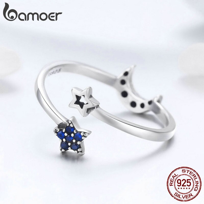 BAMOER Real 925 Sterling Silver Sparkling Blue Moon Star Clear CZ Finger Rings for Women Wedding Engagement Jewelry anel SCR437