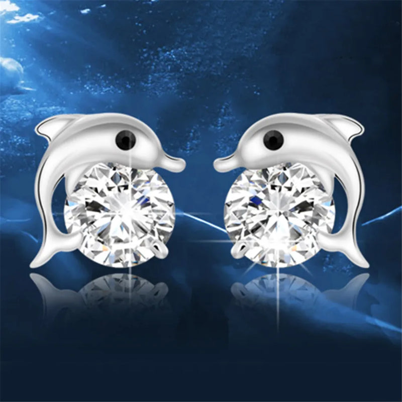 Cute Romantic Dolphin Love Stud Earrings For Women High Quality 925 Jewelry Stering Silver Round Cut AAA Zircon Brinco Bijoux