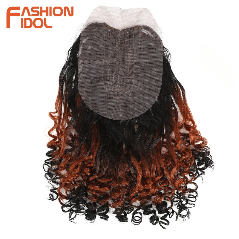 FASHION IDOL Afro Kinky Curly Hair Bundles 14 inch 7Pieces/lot Upper Straight Lower Bend Synthetic Hair Lace With Closure Fiber