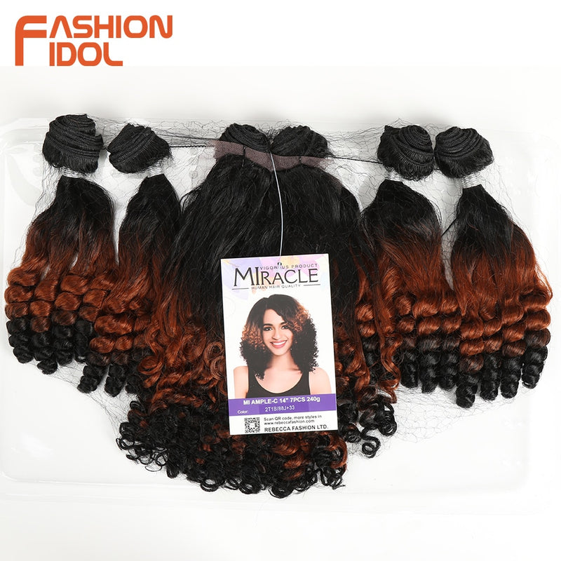 FASHION IDOL Afro Kinky Curly Hair Bundles 14 inch 7Pieces/lot Upper Straight Lower Bend Synthetic Hair Lace With Closure Fiber