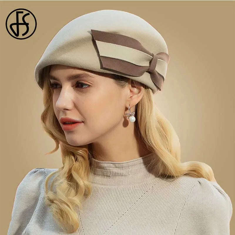 FS Vintage Wool French Beret Hats Women Fedora Black Felt Hats Winter Big Bow Elegant Ladies Church Hat Wedding Berret Femme