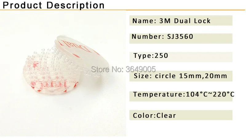 15mm/20mm circle SJ3560 Dual Lock Reclosable Fastener Clear self adhesive acrylic waterproof fastener Type 250