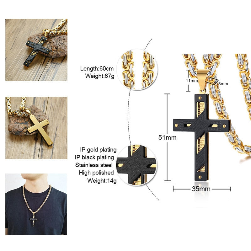 Vnox Cross Necklace For Men Byzantine Gold Color Stainless Steel Chain Catholic Crucifix Pendant Male Punk Rock Ornaments