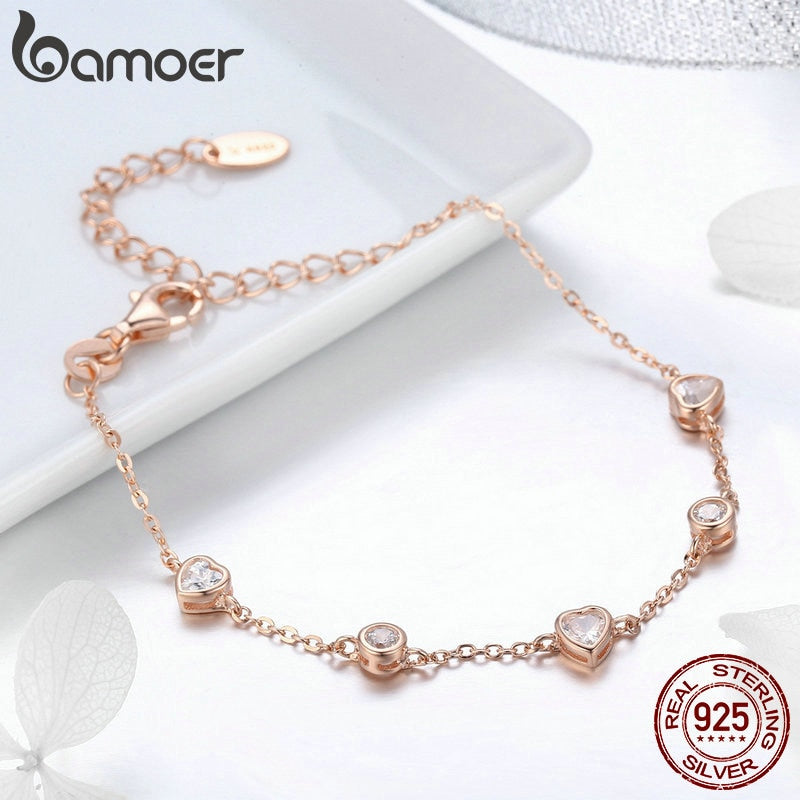 BAMOER Classic 925 Sterling Silver Heart Gold Color Women Bracelets Chain Lobster Clasp Bracelet Sterling Silver Jewelry SCB097