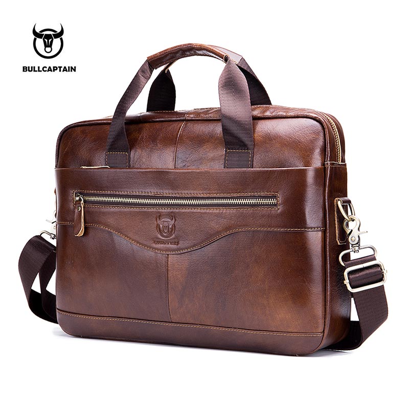 BULLCAPTAIN New Cowhide Men&#39;s Business Briefcase/Leather Retro Men&#39;s Messenger Bag/Large Capacity Leisure Business Bag/Handbag