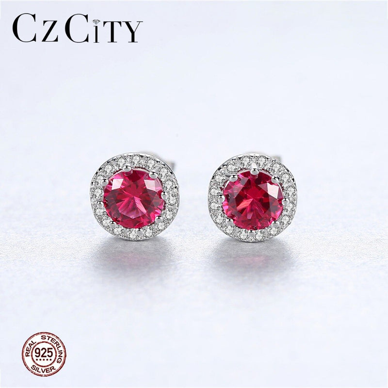 CZCITY Luxury 7.7mm Round 925 Sterling Silver Ruby Earrings Certified Elegant Wedding Bridal Engagement Fine Jewelry Friend Gift