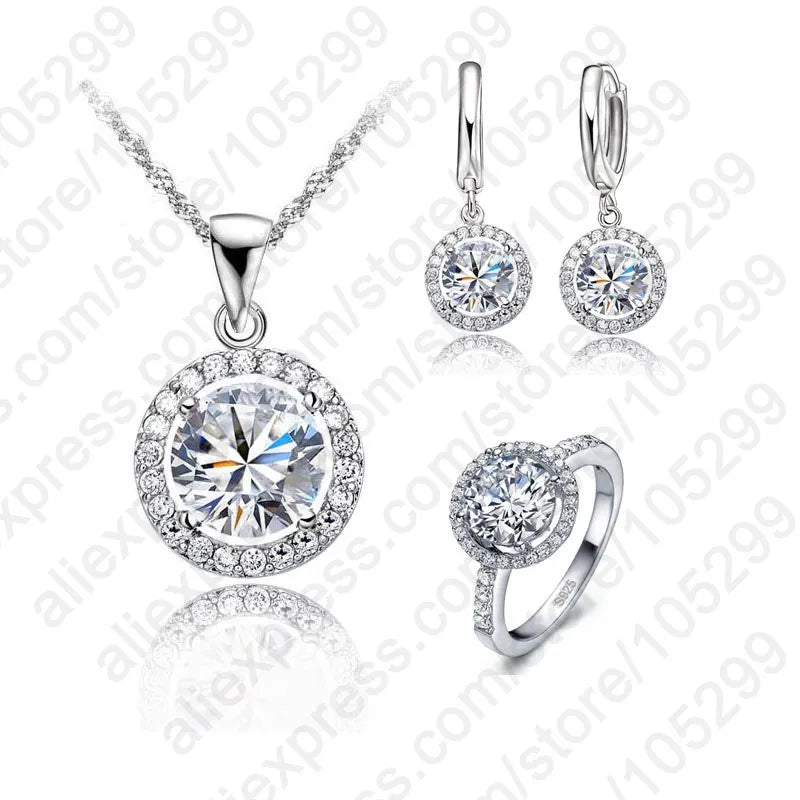 Exquisite Women Wedding Necklace Earring Ring Jewelry Set 925 Sterling Silver Zircon Crystal Jewelry Set