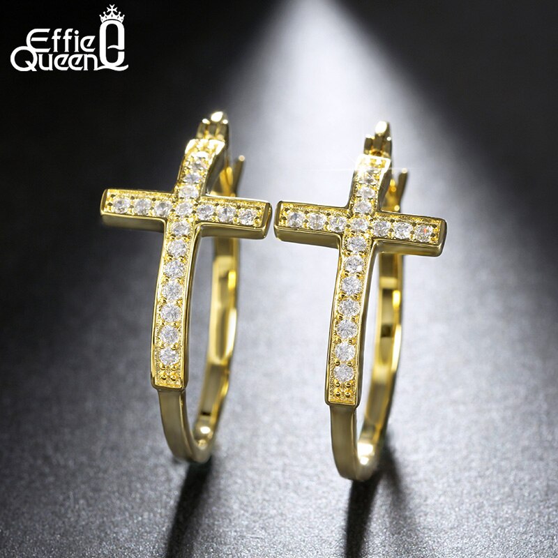 Effie Queen Hot Sale Big Hoop Earrings with CZ Diamonds Classic Cross Style Clip Design  Women&