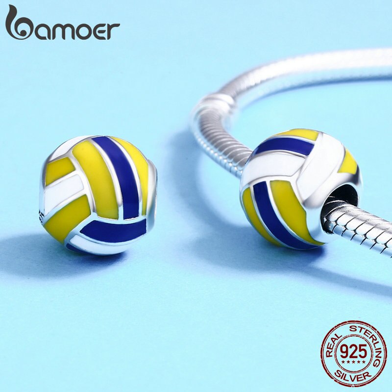 BAMOER Authentic 100% 925 Sterling Silver Sport Ball Volleyball Love Charm Beads fit Women Bracelet DIY Beads Jewelry SCC448