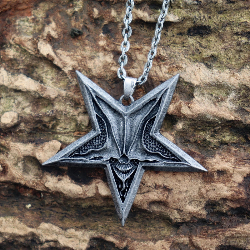 EYHIMD Mens Satanic Satan Inverted Pentagram Necklaces Baphomet Jewelry Demon Chaos Star Skull Pendant Ancient Silver Color