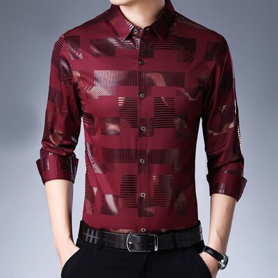 MIACAWOR New Business Casual Shirts Men Fashion Print Slim Fit Dress Shirt Long Sleeve Camisa Masculina Plus Size Clothes C457