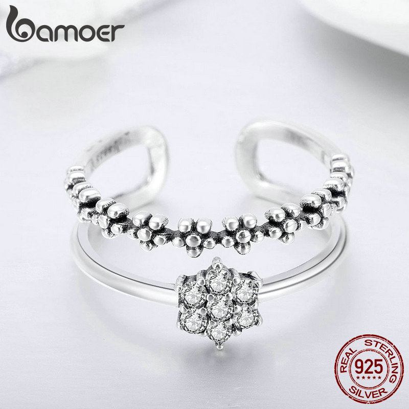 BAMOER Genuine 925 Sterling Silver Elegant Daisy Flower Finger Ring Adjustable Open Size Rings for Women Silver Jewelry SCR428