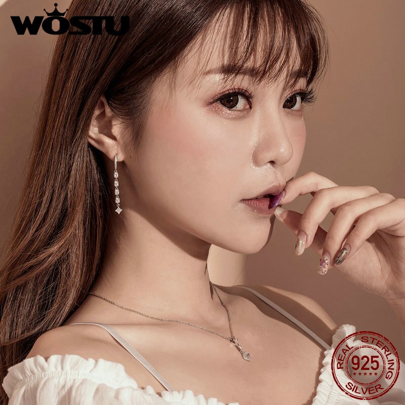 WOSTU 100% 925 Sterling Silver Geometric Long Earrings Dazzling Zircon Dangle Earrings For Women Korean Style Jewelry CQE583