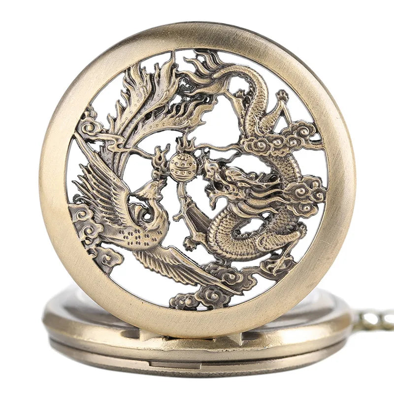 Retro Half Hunter Hollow Dragon & Phoenix Design Pendant Men Women Pocket Watch Chain Fashion Cool Clock Children Gift reloj