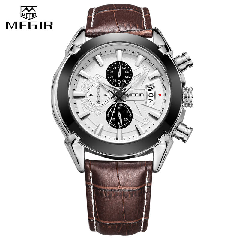 MEGIR Genuine Black Genuine Leather Watches Men Luxury Brand Quartz  Watch racing men Students Game Run Chronograph Wristwatches