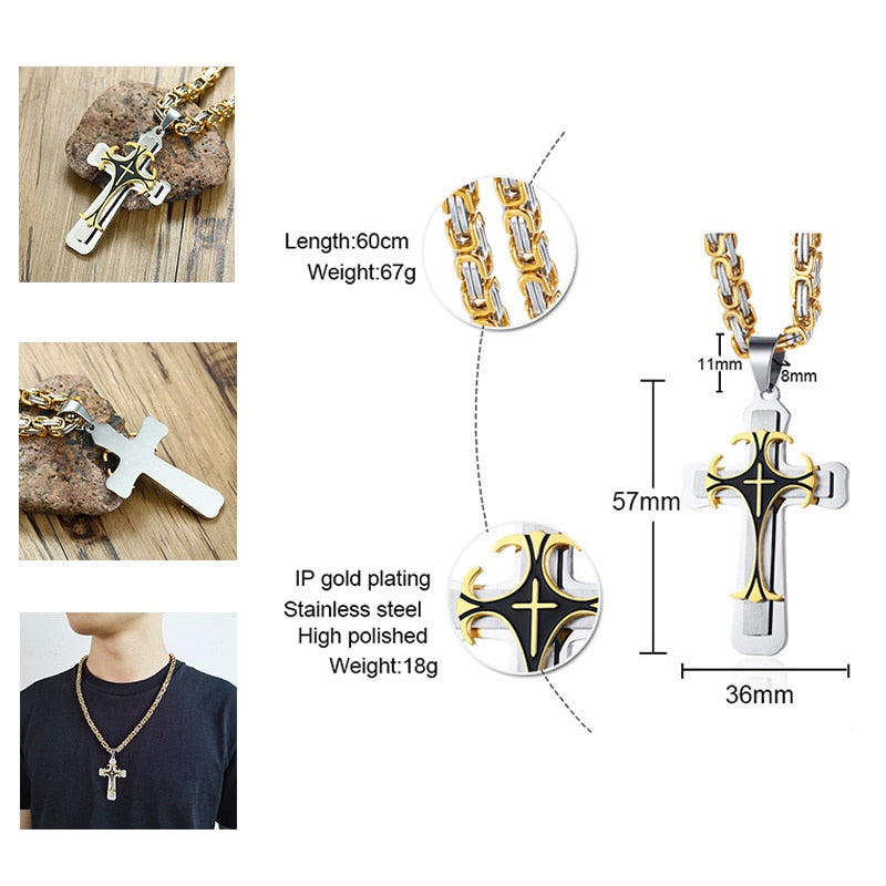 Vnox Cross Necklace For Men Byzantine Gold Color Stainless Steel Chain Catholic Crucifix Pendant Male Punk Rock Ornaments