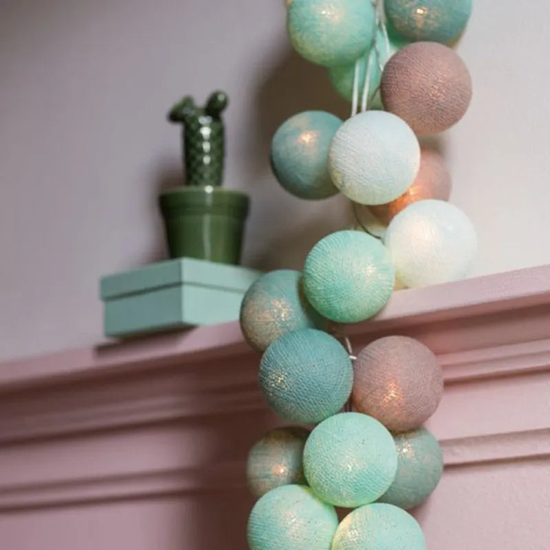 Turquoise+Mint+Sky Blue+Light Gray Mix Cotton Ball String Lights Bedroom Fairy Nursery Night Lamp Garland Holiday