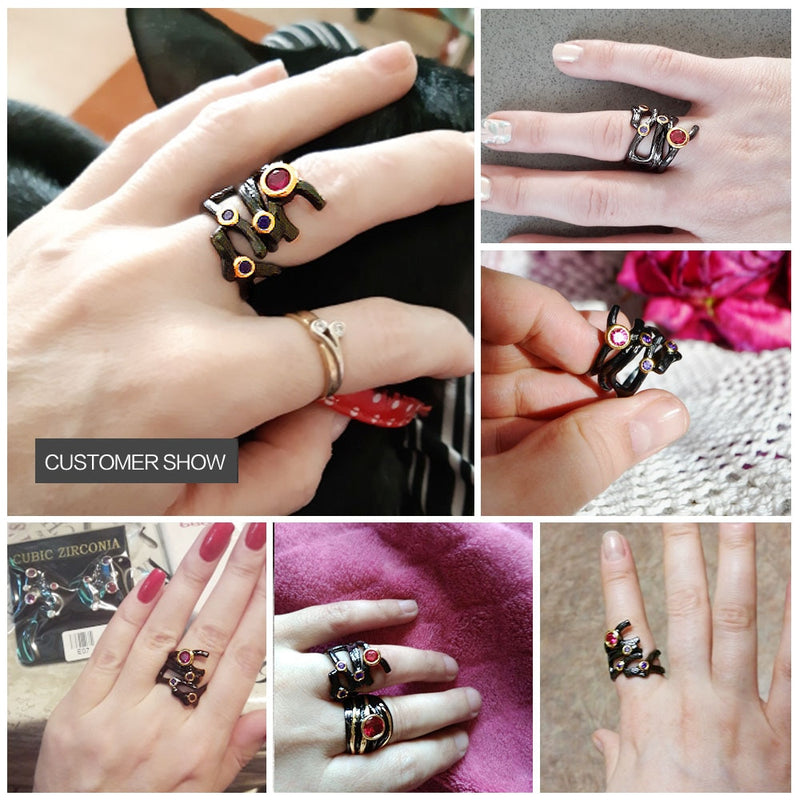 DreamCarnival 1989 Gothic Hollow Ring for Women Rolling Braided Jewelry Fuchsia Purple CZ Vintage Black Color anillos mujer R32