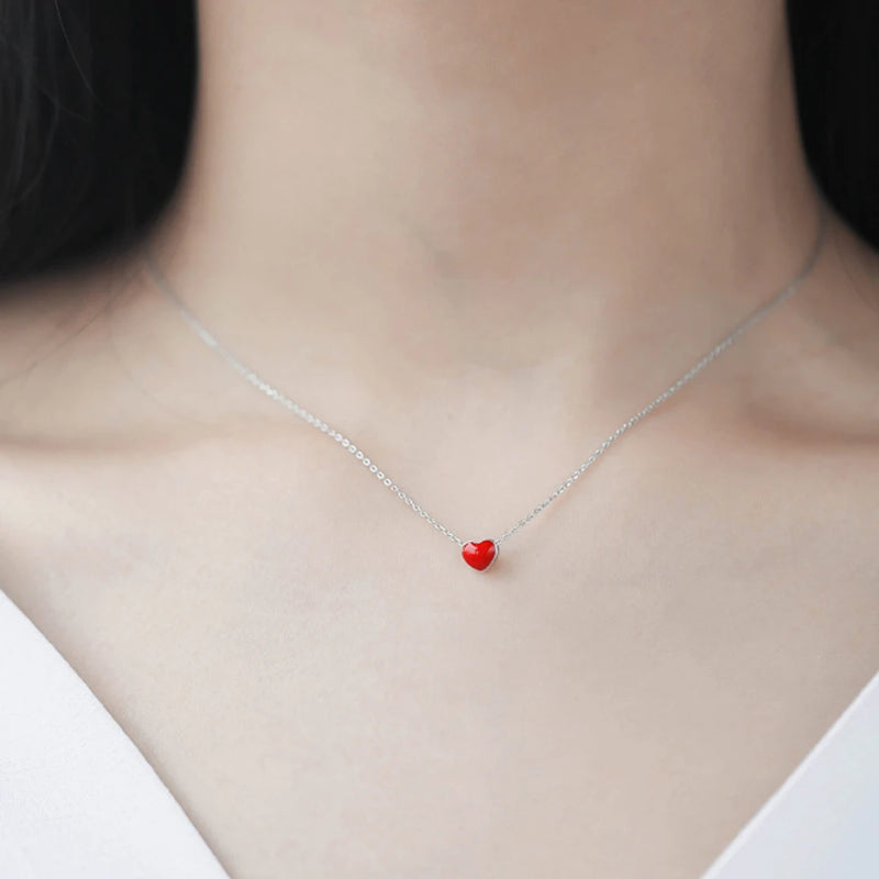 925 silver Needle Earrings+necklace for Women Jewelry Sets Cute Tiny Red Glaze Heart Stud Earrings For Girls Kids Lady Gift
