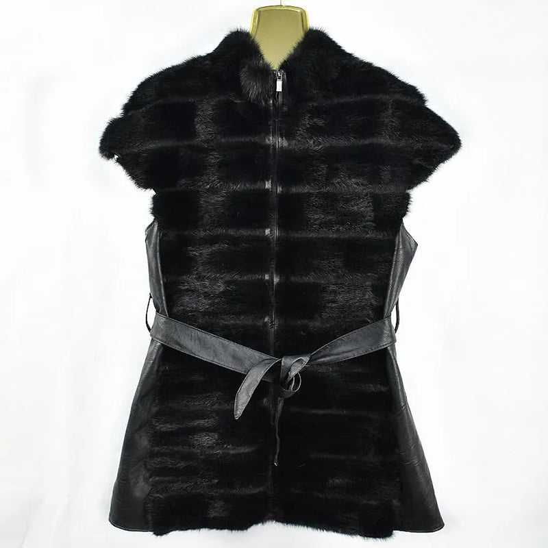 Monochrome Mink Vest for Women, Natural Fox Leather Jacket, Thicken Warm Vest, Street Style, Fashion
