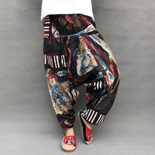 Baggy Harem Pants Women Causal Print Hippie Joggers Cross-Pants Loose Trousers Aladdin Lantern Wide Leg Cotton Linen Pants Plus