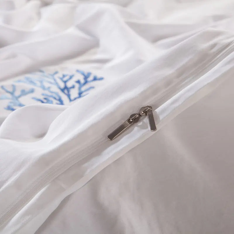 Blue Embroidery White Duvet Cover set Premium Egyptian Cotton Silky Soft Bedding Set Deep Pocket Fitted sheet Super/USKing Queen