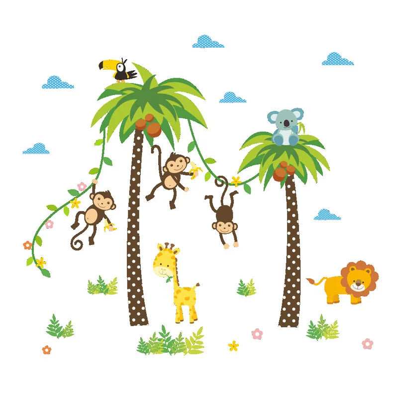 Giraffe Lion Monkey Palm Tree Forest Animals Wall Stickers For Kids Room Children Bedroom Wall Decals Nursery Decor Poster Mural