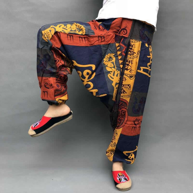 Baggy Harem Pants Women Causal Print Hippie Joggers Cross-Pants Loose Trousers Aladdin Lantern Wide Leg Cotton Linen Pants Plus