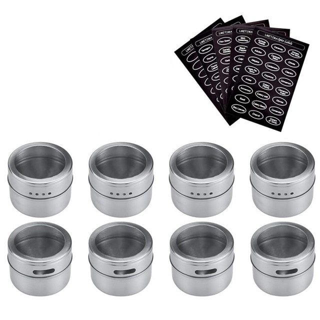 LMETJMA Magnetic Spice Jar Set With Stickers Stainless Steel Spice Tins Spice Storage Container Pepper Seasoning Sprays Tools