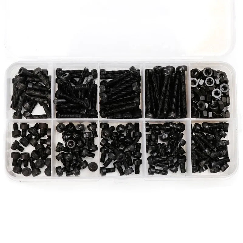 300pcs/set Black Din912 M2 M2.5 M3  Allen Bolt Hex Socket Round Cap Head Screw And Nut Assortment Kit Set