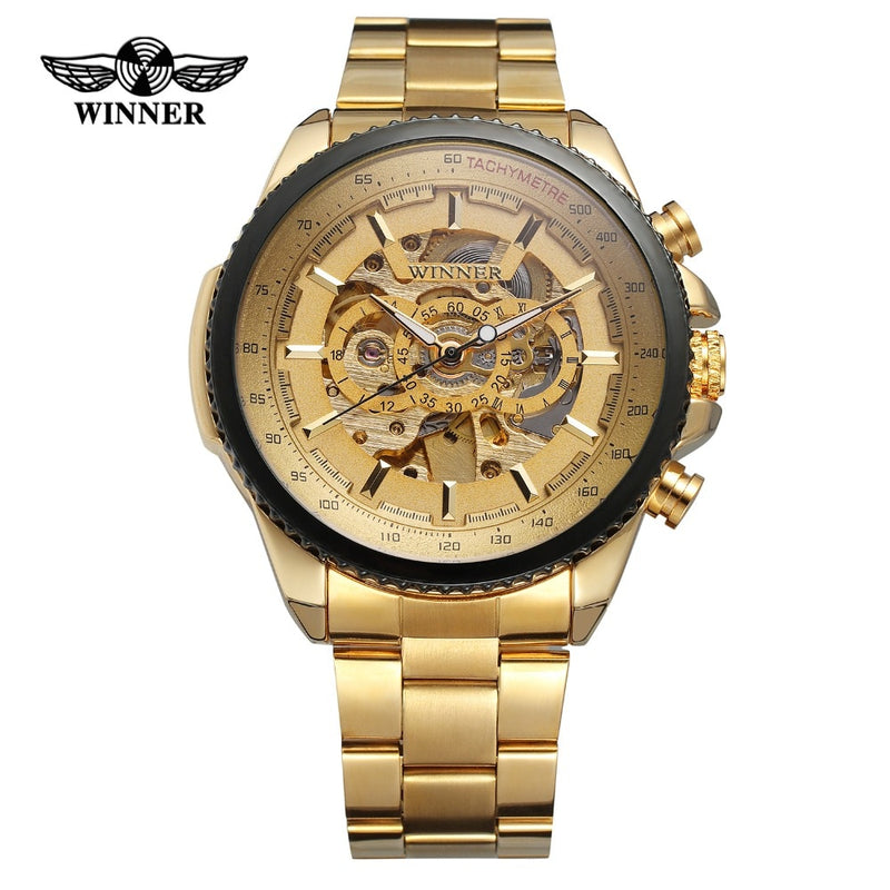 Top Brand Luxury Gold WINNER Men Watch Cool Mechanical Automatic Wristwatch Stainless Steel Band Male Clock Skeleton Roman Dial