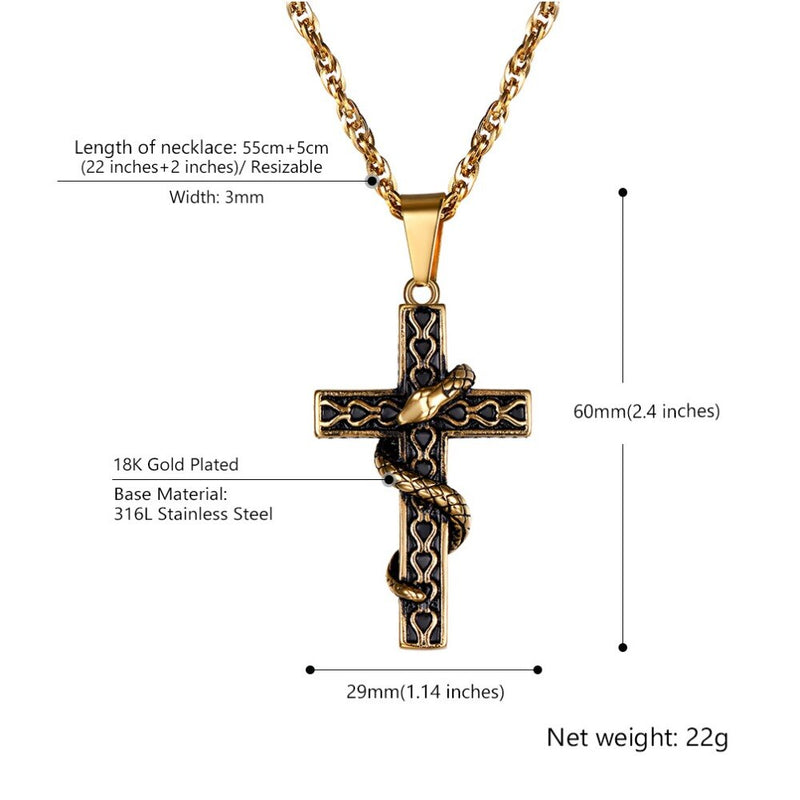 U7 Men 316L Stainless Steel Cross With Snake Pendant Necklaces Punk Gold-Color Animal Men's Chain Necklace Jewelry Gifts P1222