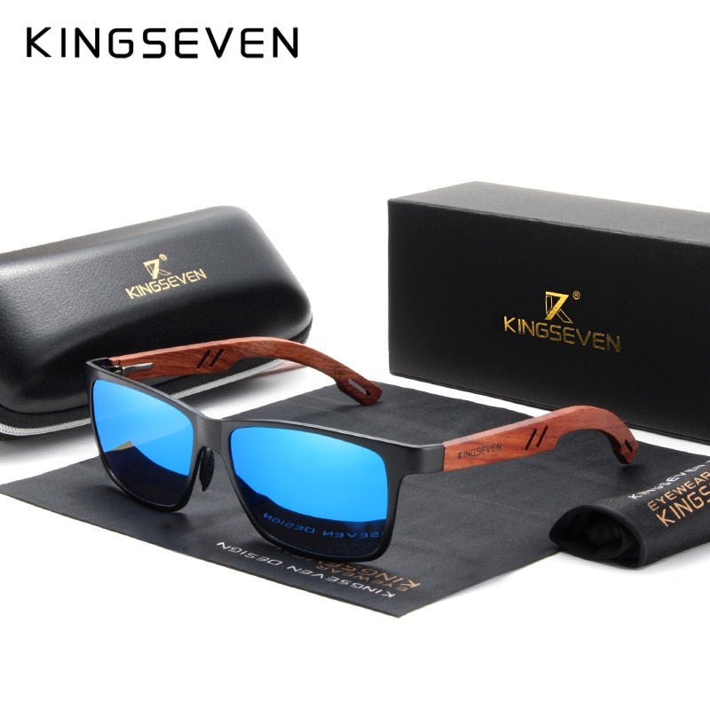 KINGSEVEN Designer Handmade Women Sunglasses Men Polarized Natural Bubinga Wooden+Aluminum Fashion Sun Glasses Square UV400